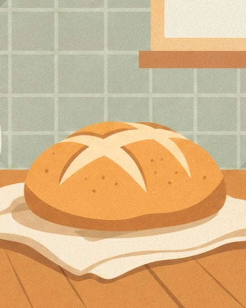 Une miche de pain dorée à la croûte étoilée, posée sur un linge crème