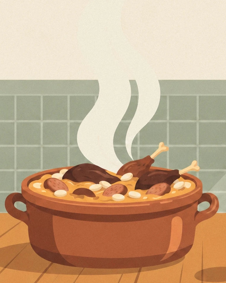 Le cassoulet fumant dans sa cassole brune, garni de haricots blancs et de viandes