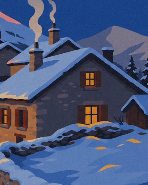 The stone house with glowing windows, its 2 smoking chimneys and the thick snow