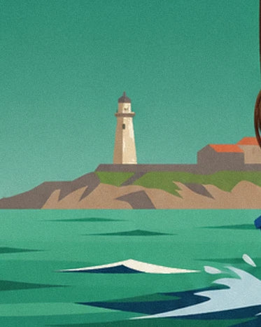 Le phare clair et les maisons aux toits rouges sur la côte, face aux vagues vertes