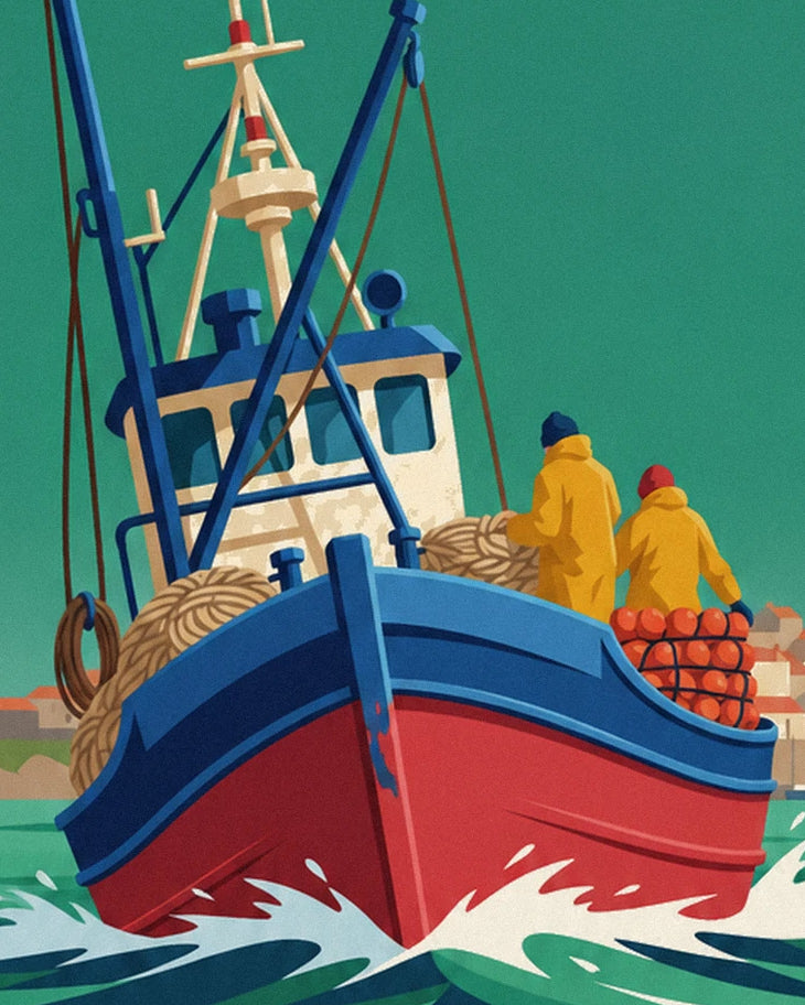Le chalutier bleu et rouge, ses cordages et ses 2 marins en ciré jaune