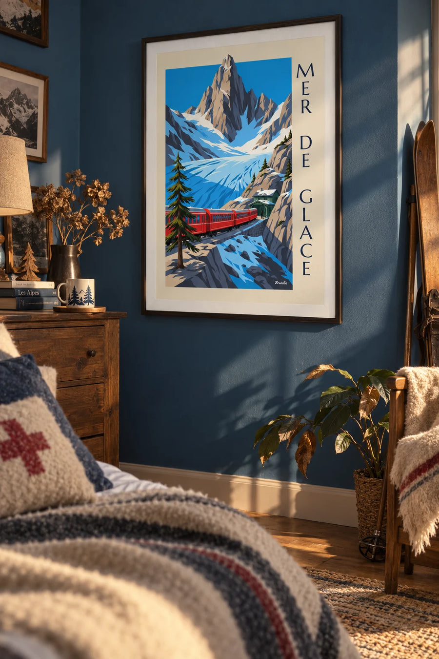 Poster of the red Montenvers train facing the Mer de Glace: framed on the wall