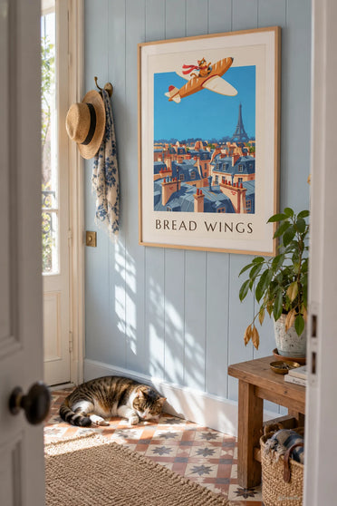 Poster kat als piloot in een vliegtuig in de vorm van een stokbrood: ingelijst aan de muur