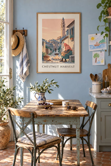 Poster met kastanjes geroosterd boven houtvuur in de Castagniccia, Corsica: ingelijst aan de muur