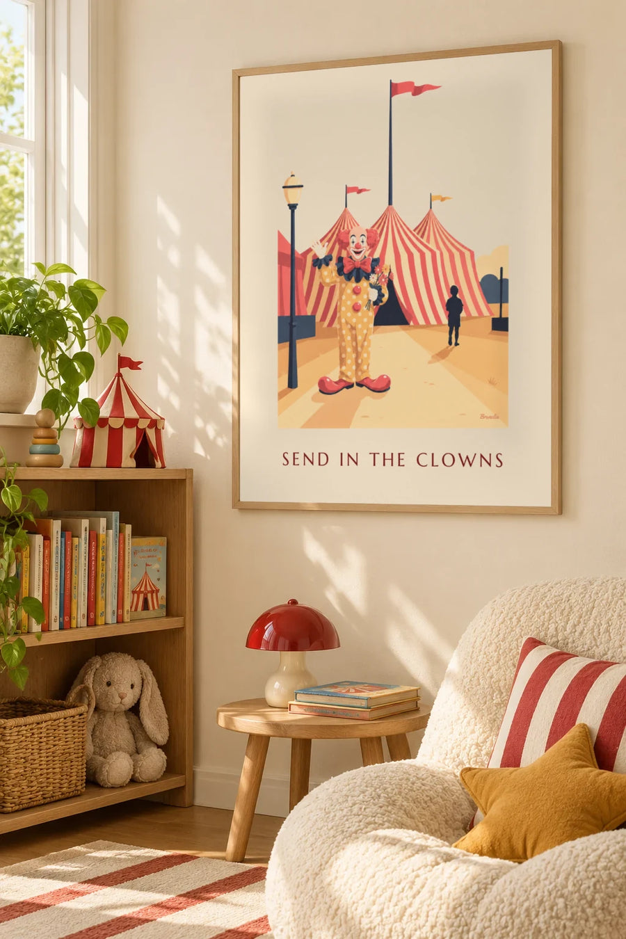 Affiche clown de cirque devant des chapiteaux rayés : encadrée au mur