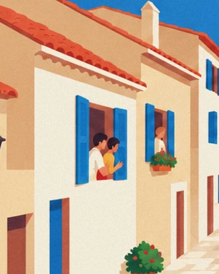 Dorfbewohner an Fenstern mit blauen Fensterläden, über den roten Blumen des Dorfes