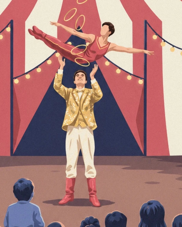 The juggler in a gold jacket beneath the acrobat in red, in front of the circus audience