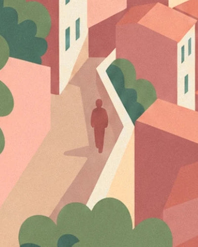 A figure in an old town alley between pink walls and greenery