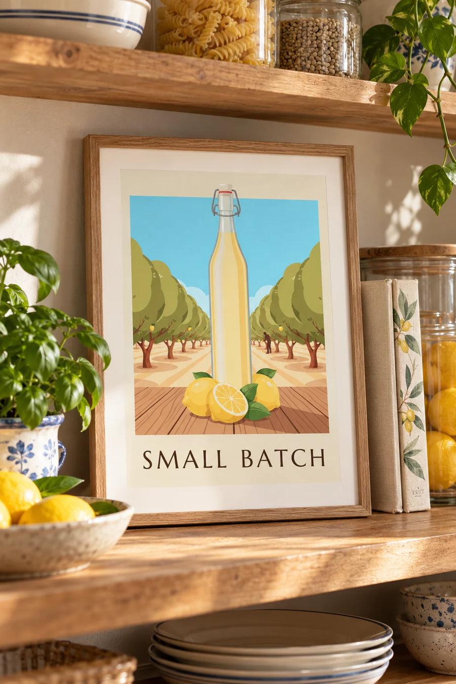 Poster fles ambachtelijke limonade en citroenen: klein formaat A4 ingelijst