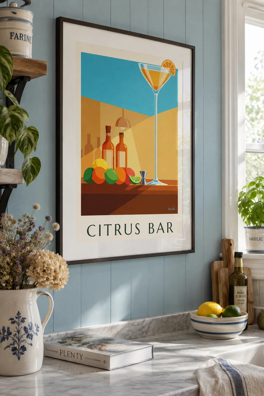 Poster of a cocktail bar, crystal coupe glass and citrus fruits: framed on the wall