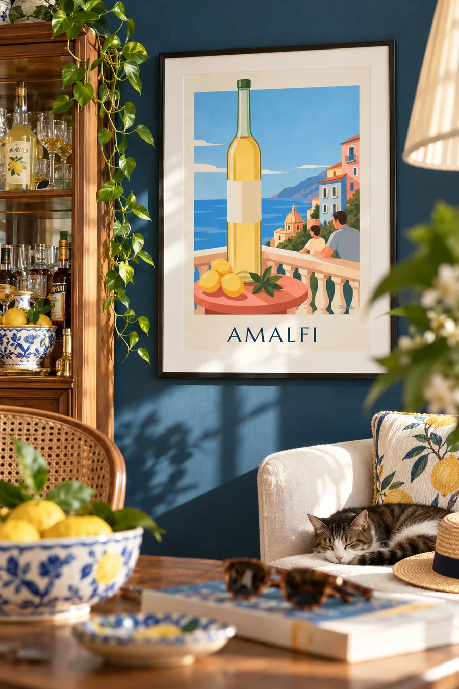 Affiche bouteille de limoncello et citrons sur la côte amalfitaine : encadrée au mur