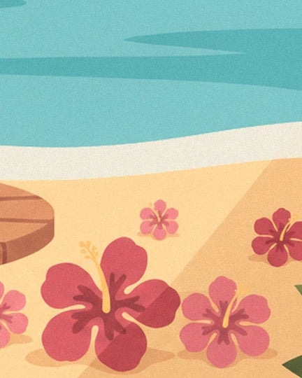 Les grandes fleurs d'hibiscus rouges et roses sur le sable doré, au bord de l'eau