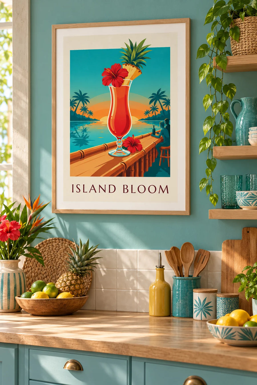 Poster tropischer Hibiskus-Cocktail an einer Strandbar: gerahmt an der Wand