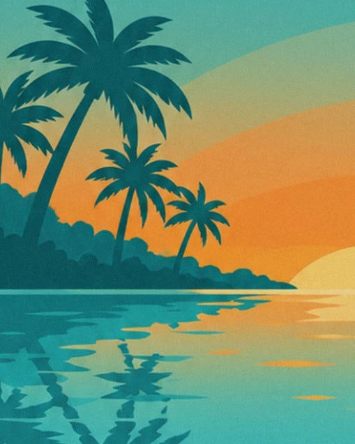 The palm trees beside the turquoise water and their reflections beneath an orange sky