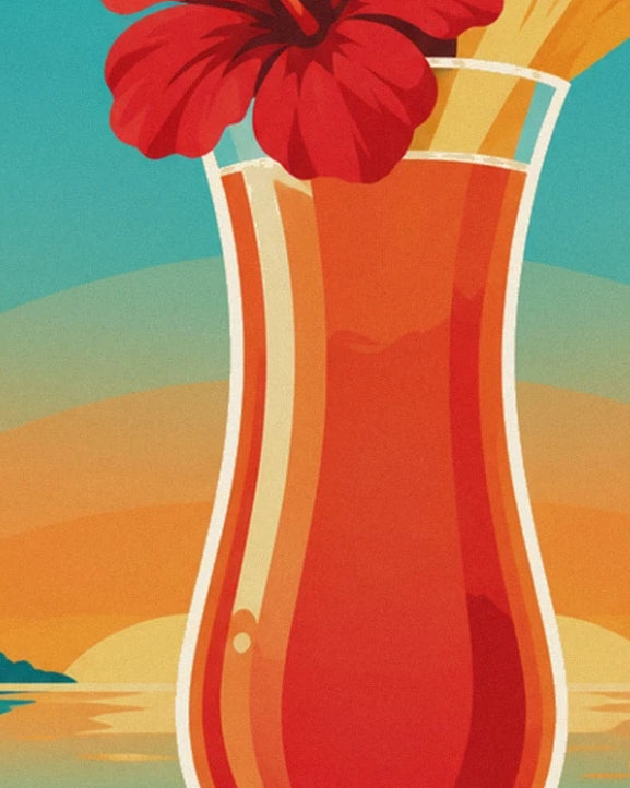 A curved glass holding an orange cocktail, topped with a red hibiscus flower