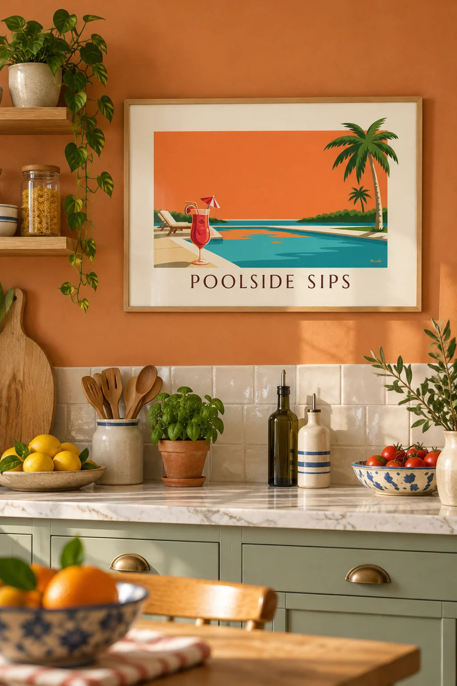 Poster van een aardbeidaiquiri aan het zwembad bij schemering: ingelijst aan de muur