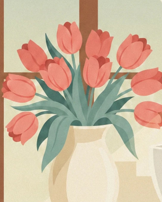 A bunch of pink tulips with green leaves in a cream vase