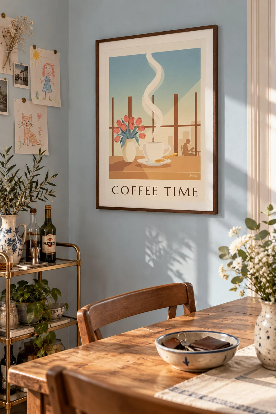 Poster of a steaming coffee cup and flowers by the window: framed on the wall