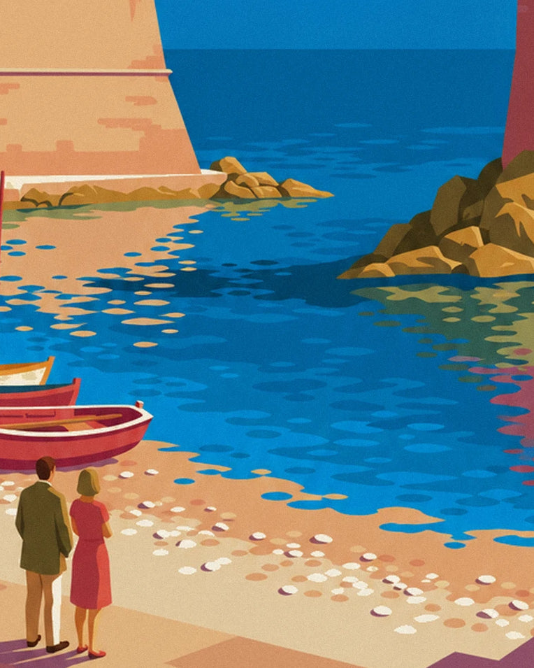 Affiche château royal et clocher de Collioure au bord de la baie : détail en gros plan