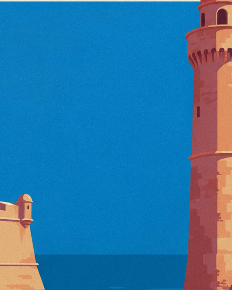 Affiche château royal et clocher de Collioure au bord de la baie : détail en gros plan