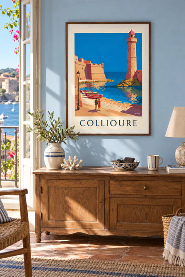 Poster van het koninklijk kasteel en de klokkentoren van Collioure aan de baai: ingelijst aan de muur