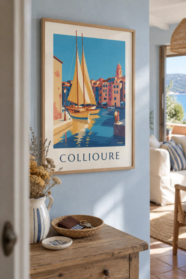 Poster of yellow sailboats in the port of Collioure: framed on the wall