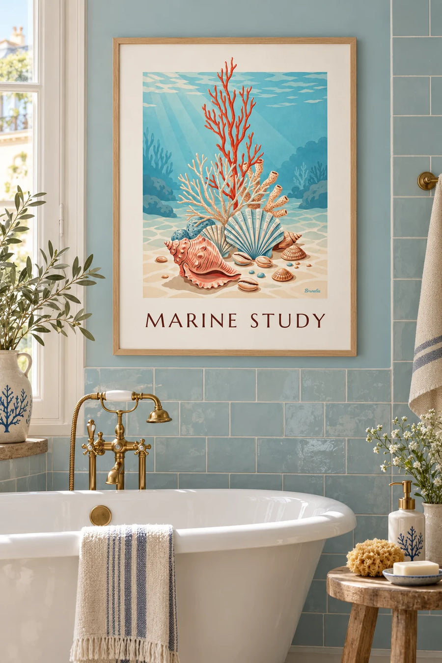 Poster naturkundliche Tafel mit Korallen und Muscheln: gerahmt an der Wand