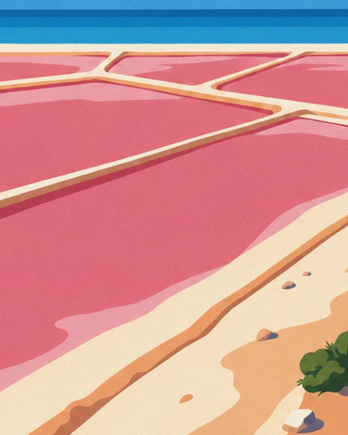 Roze zoutpannen gescheiden door lichte dijkjes, met de zee aan de horizon