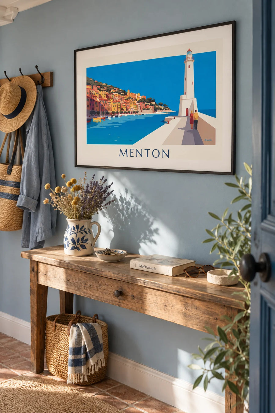 Poster of Menton’s colorful façades seen from the harbor pier: framed on the wall