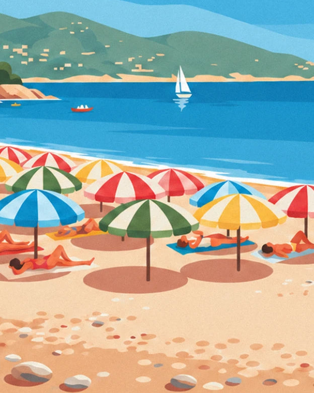 Red, green, blue and yellow striped parasols, with sunbathers lying on the sand