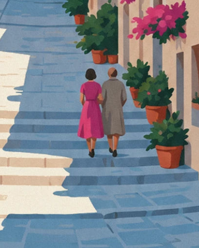 The couple seen from behind, in a pink dress and grey coat, climbing the blue steps lined with flower pots