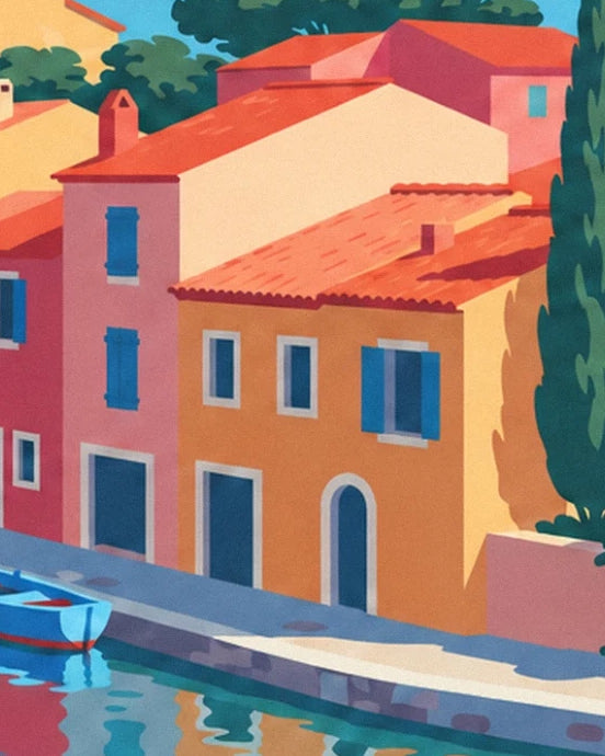 The orange and pink façades with blue shutters, reflected in the canal
