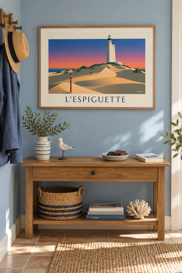 Poster zonsondergang op het strand van l'Espiguette: ingelijst aan de muur