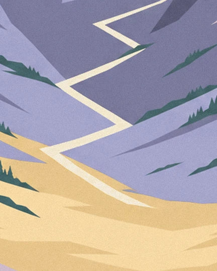 The pale path winding up the mauve and golden slopes dotted with fir trees