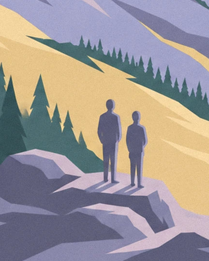 The 2 hikers on a mauve outcrop facing golden slopes lined with fir trees
