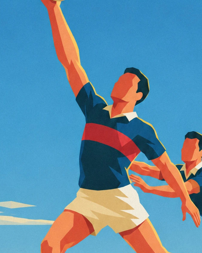 The player in a blue shirt with a red stripe, arm raised, with his tackler behind him