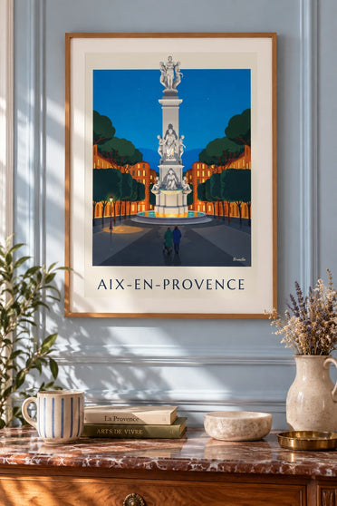 Poster met de Fontaine de la Rotonde aan de Cours Mirabeau in Aix: ingelijst aan de muur