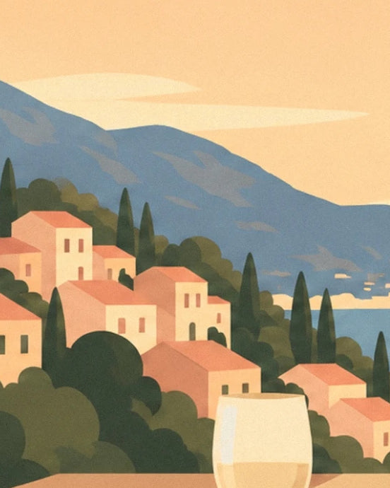 Houses with orange roofs among the cypress trees, facing the sea and mountains