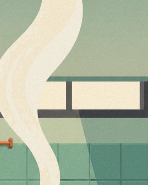 Een krul crèmekleurige stoom voor het raam en de groene keukentegels