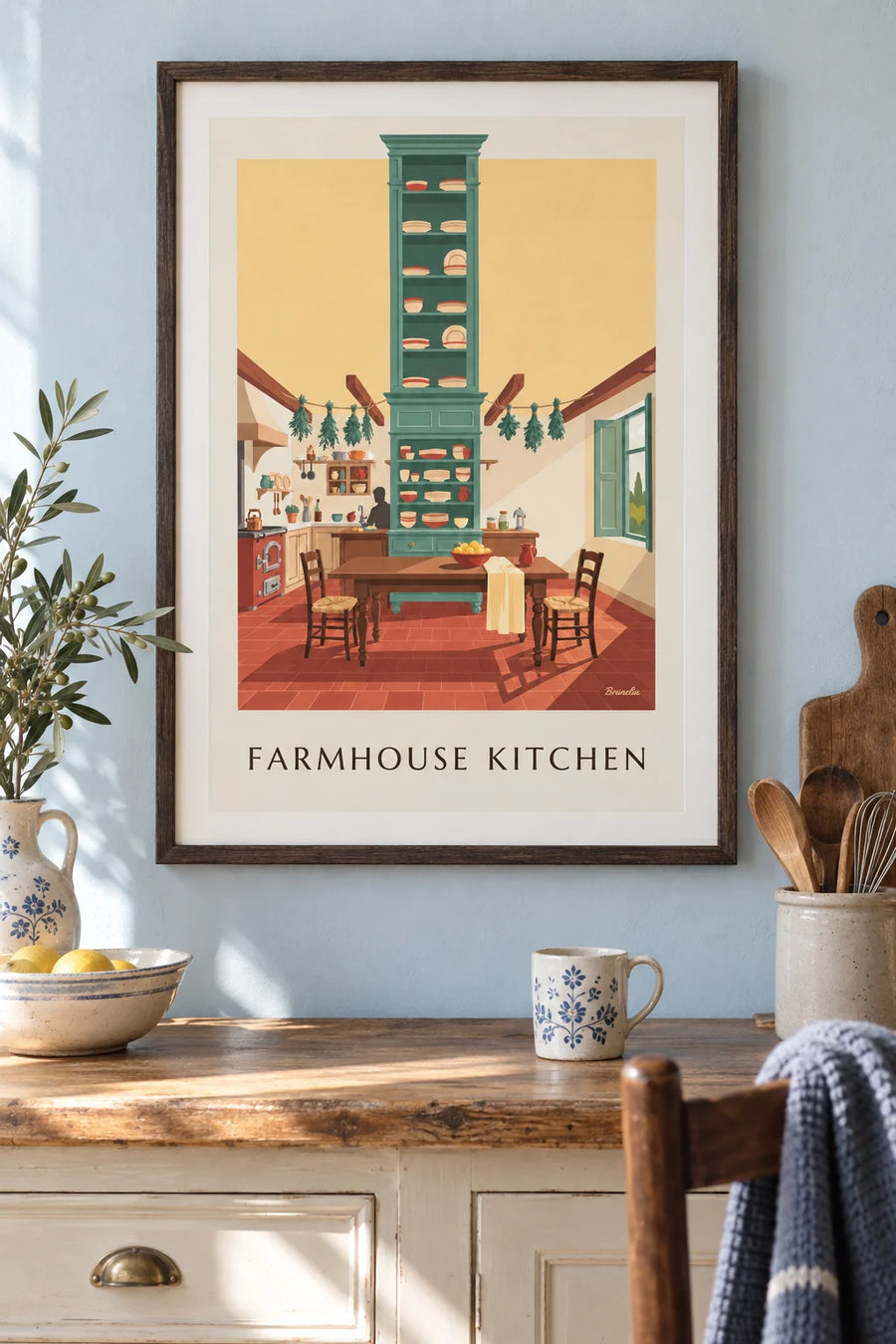 Poster Landhausküche mit großem Bauerntisch: gerahmt an der Wand
