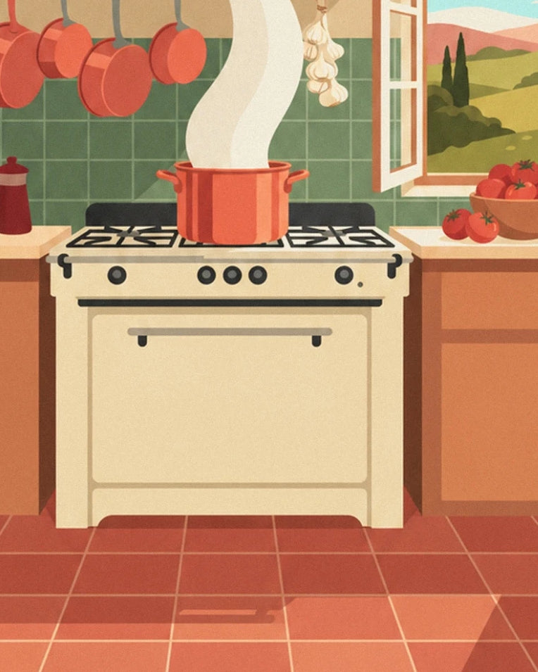 Southern kitchen ratatouille and copper pots poster: close-up detail