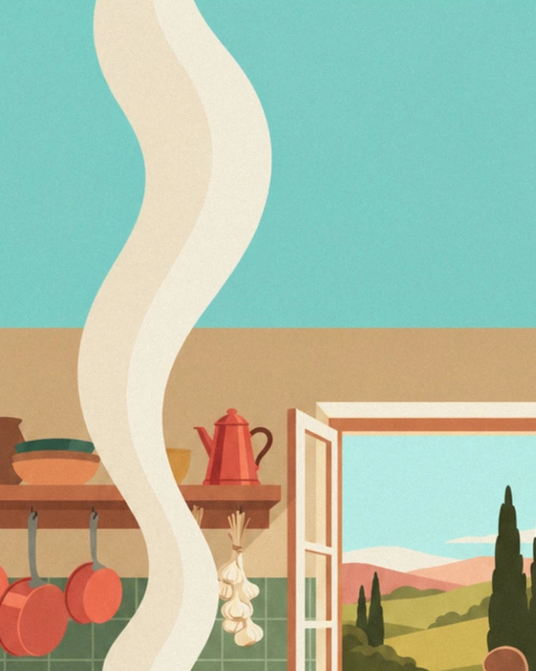 Southern kitchen ratatouille and copper pots poster: close-up detail