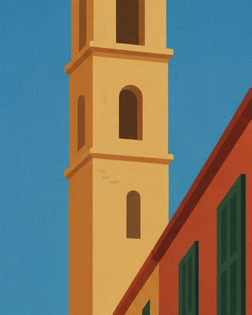 The ochre bell tower with small arched windows, against a blue sky with green shutters