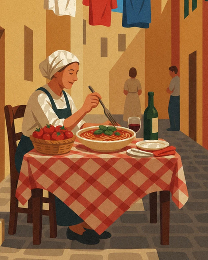 The cook in a white headscarf, with her plate of spaghetti with basil and her glass of red wine