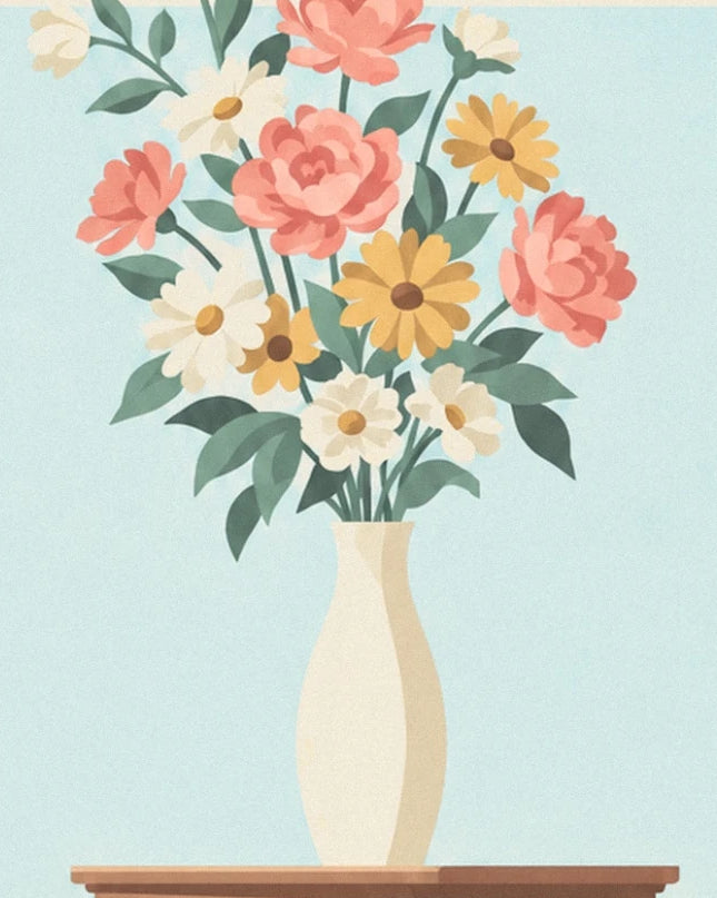 The bouquet of pink peonies and yellow daisies in its creamy-white vase
