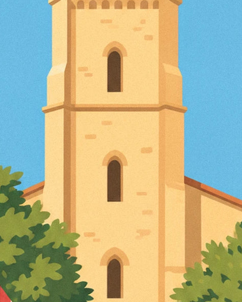 The yellow tower with 3 narrow windows, between blue sky and green foliage