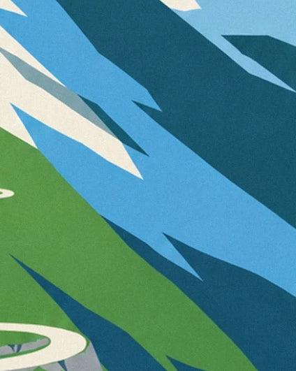The blue and green Alpine slopes with angular shadows beside a hairpin bend
