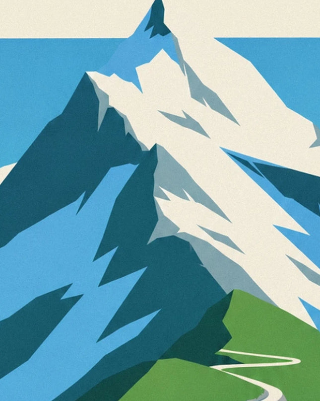 The snow-capped peaks with blue shadows above a winding road
