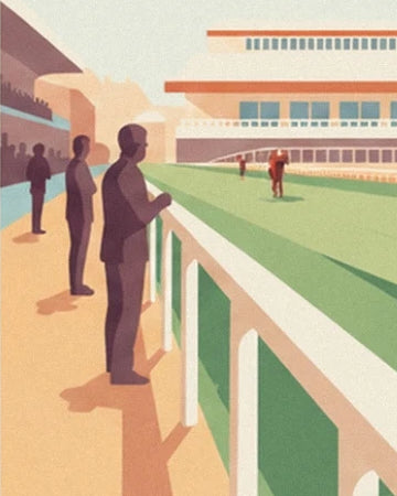 The spectators beside the white rail, facing the green racecourse