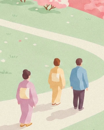 The 3 walkers seen from behind in pink, yellow and blue outfits on the pale path